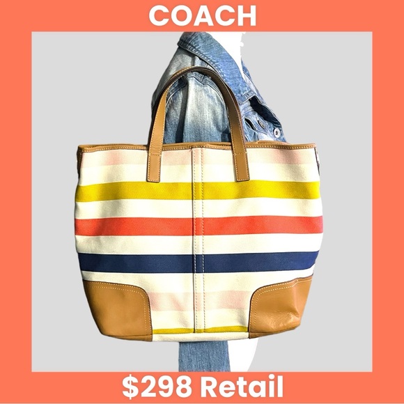 COACH F30041 Hadley Multistripe Canvas/Leather Medium Size Tote Bag EUC - Picture 3 of 12